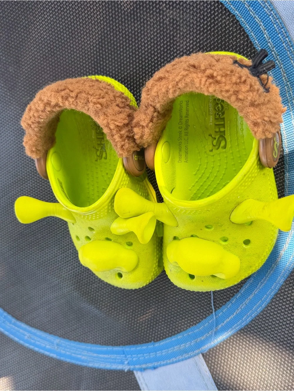 CROCS Kids Neon Lime Clog Sandals with Brown Faux Fur Trim